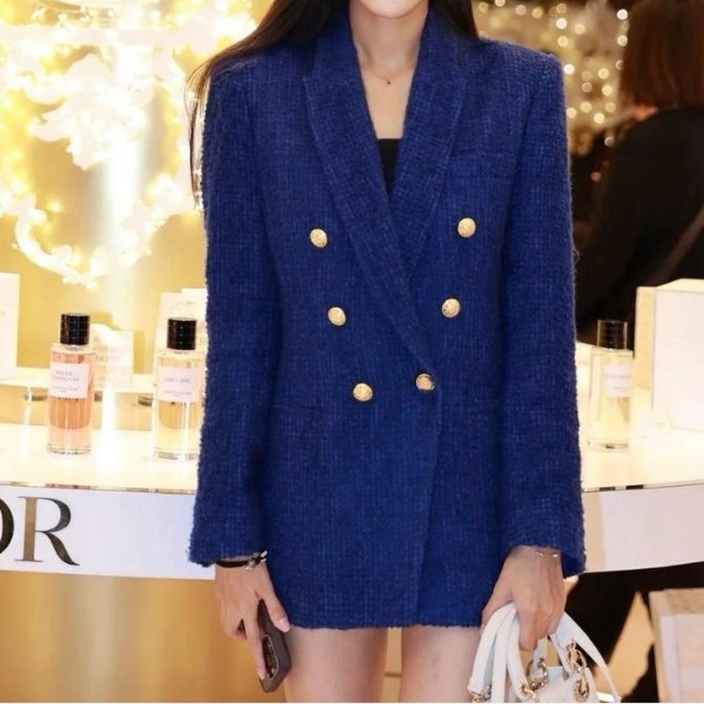 Zara Blue double-breasted tweed jacket blazer